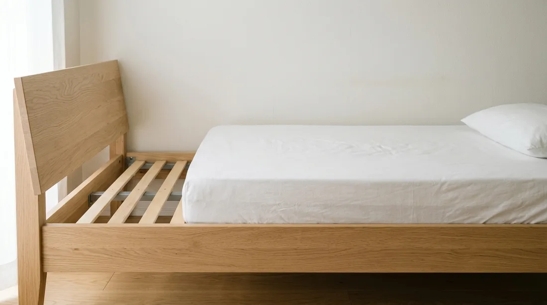 Bett mit hellem Holzrahmen: Die Matratze ist Richtung Fußende verrutscht, am Kopfende klafft eine Lücke zu den blanken Holzlatten des Lattenrostes