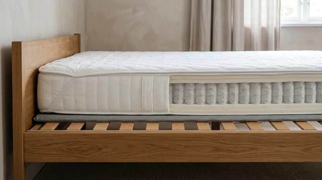 Querschnitt durch ein Bett: Lattenrost, darüber die Matratzenunterlage, die Matratze und obenauf der Matratzenschoner
